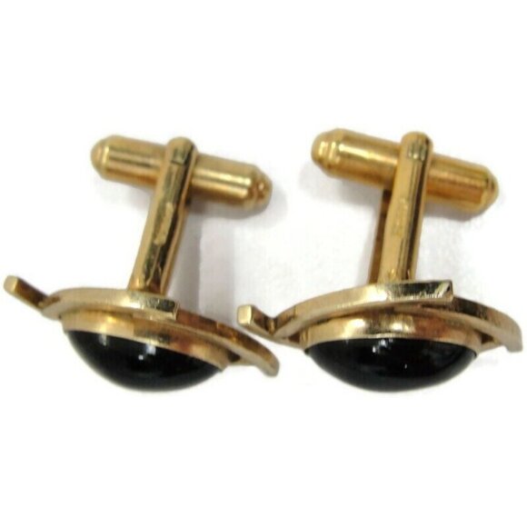 Vintage Cufflinks 1/20 12K Gold Filled Black Onyx Swept Design Signed Janice - Picture 3 of 10
